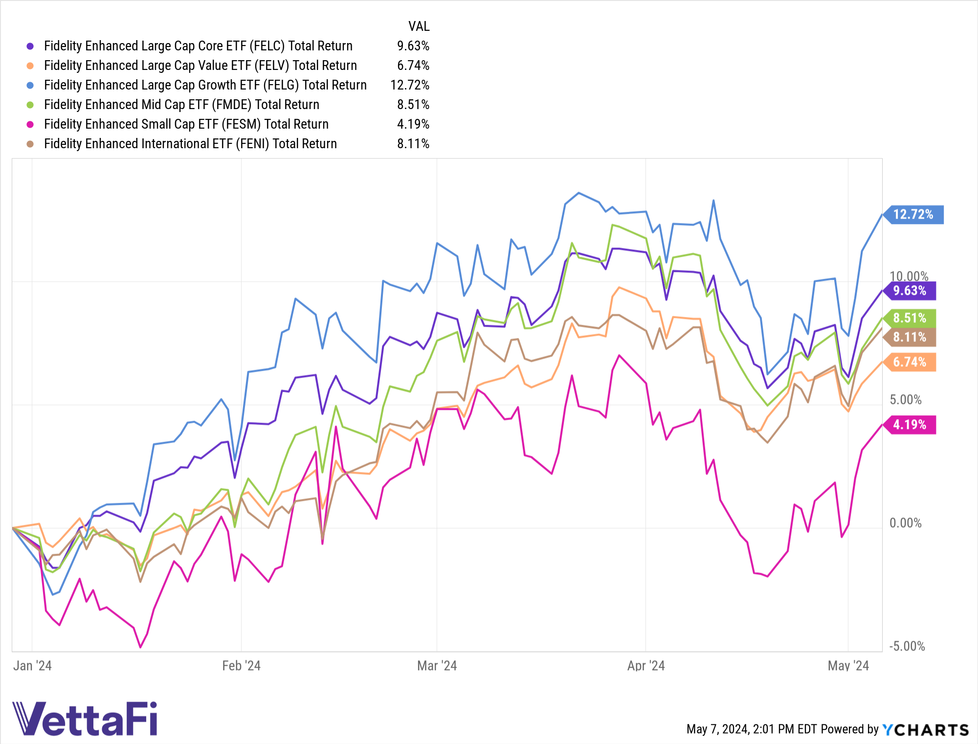 Chart of total returns for FELC, FELG, FELV, FMDE, FESM, and FENI YTD as of 05/06/24.